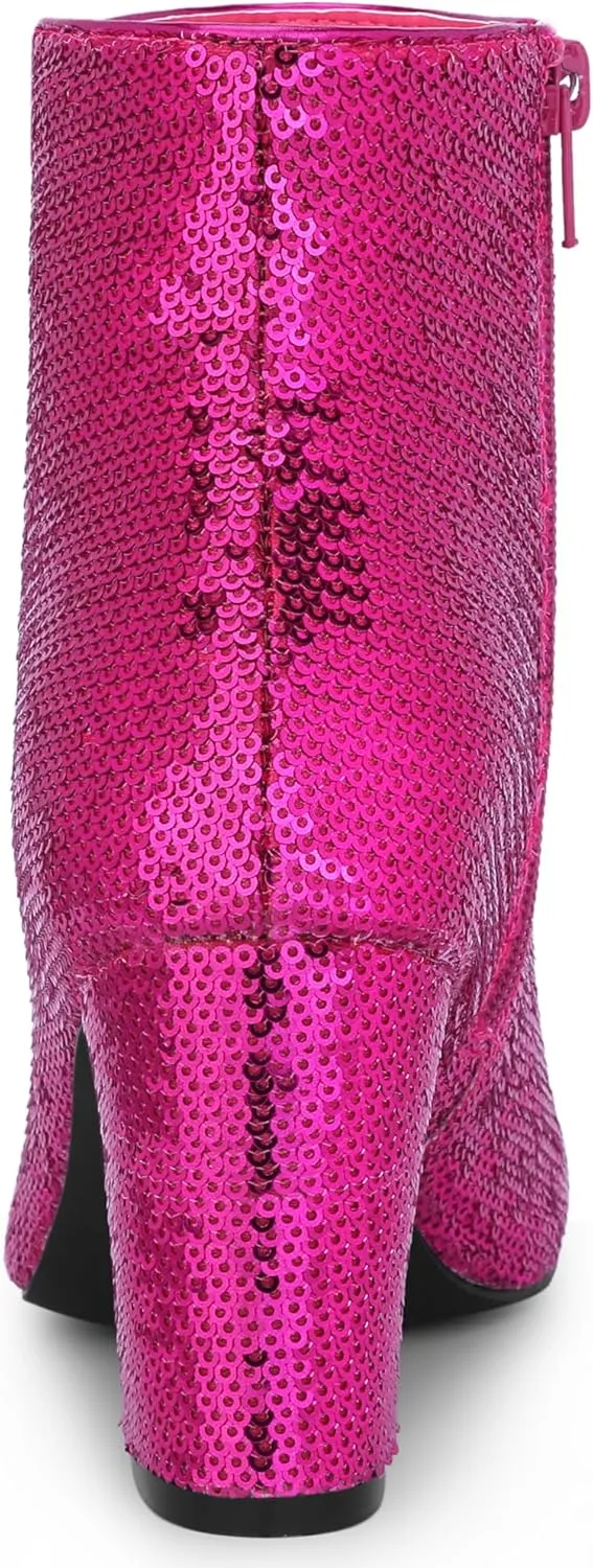 Allegra K Women's Round Toe Block Heels Sequin Ankle Boots
