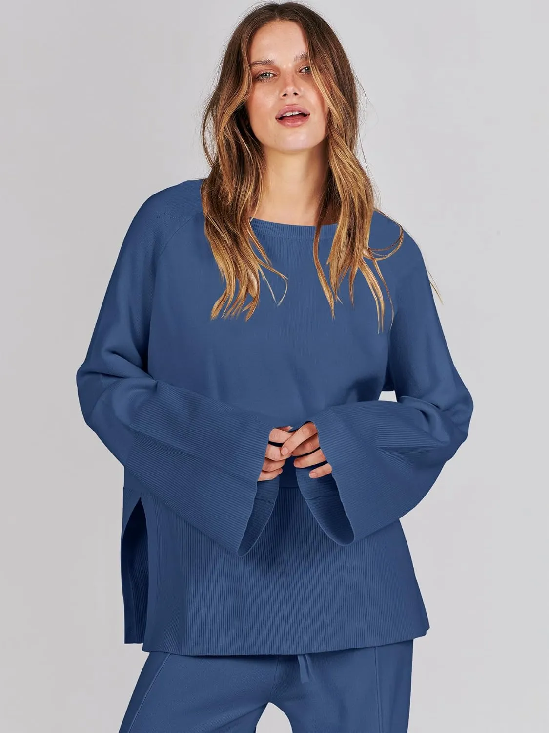 ANRABESS Womens 2 Piece Outfits Oversized Knit Sweater Set Wide Leg Pant Cozy Lounge Matching Pajama Sets 2024 Trendy Clothes