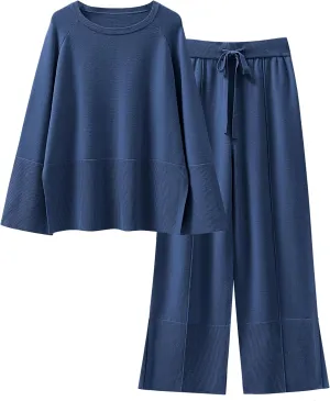 ANRABESS Womens 2 Piece Outfits Oversized Knit Sweater Set Wide Leg Pant Cozy Lounge Matching Pajama Sets 2024 Trendy Clothes