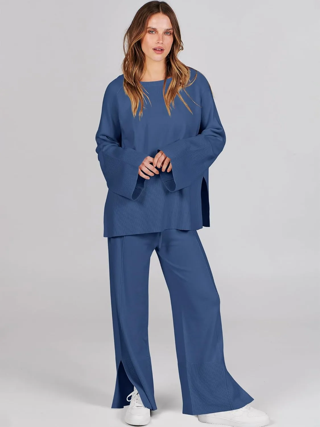 ANRABESS Womens 2 Piece Outfits Oversized Knit Sweater Set Wide Leg Pant Cozy Lounge Matching Pajama Sets 2024 Trendy Clothes