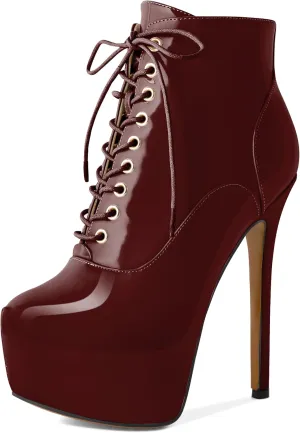 AUMOTED Women's Ankle Boots Platform Round Toe Combat Boots Stiletto High Heel Booties Sexy Fashion 6.3" Lace Up Zipper Warm Short Boots