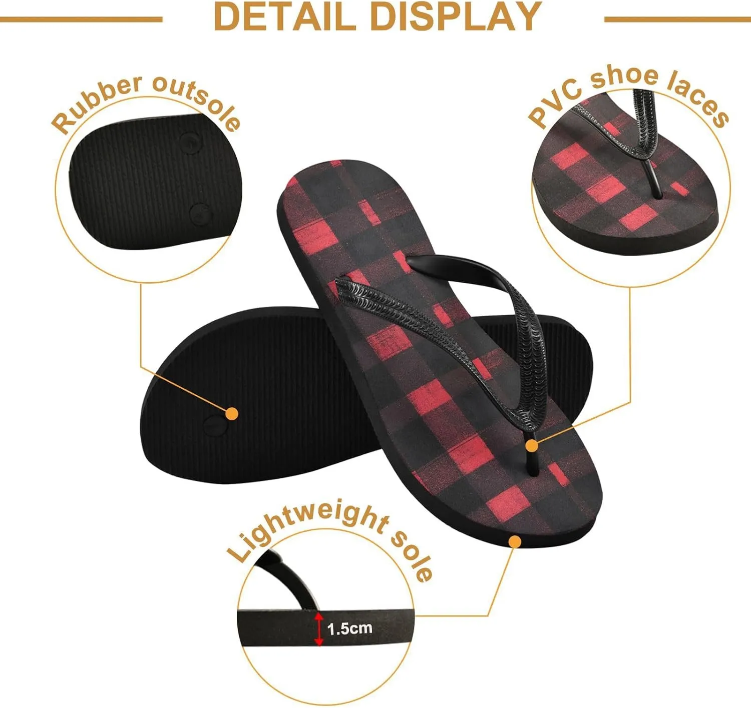 Black and Red Plaid Women's Flip Flop Sandal Casual Summer Sandals, Mens Flip Flops for Beach Outdoor XS
