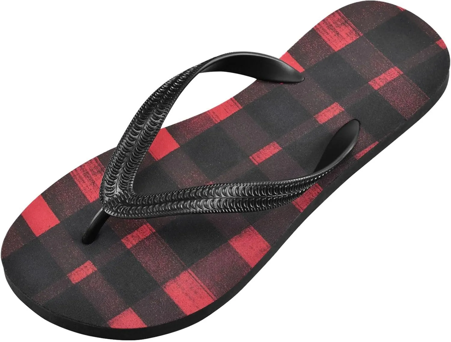 Black and Red Plaid Women's Flip Flop Sandal Casual Summer Sandals, Mens Flip Flops for Beach Outdoor XS