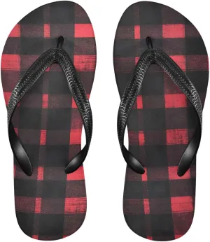 Black and Red Plaid Women's Flip Flop Sandal Casual Summer Sandals, Mens Flip Flops for Beach Outdoor XS