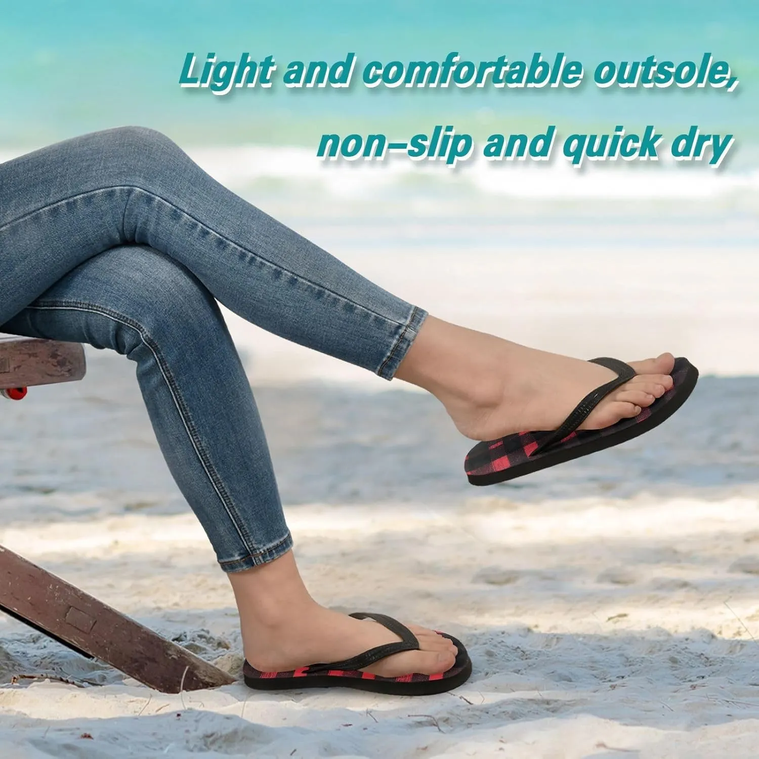Black and Red Plaid Women's Flip Flop Sandal Casual Summer Sandals, Mens Flip Flops for Beach Outdoor XS