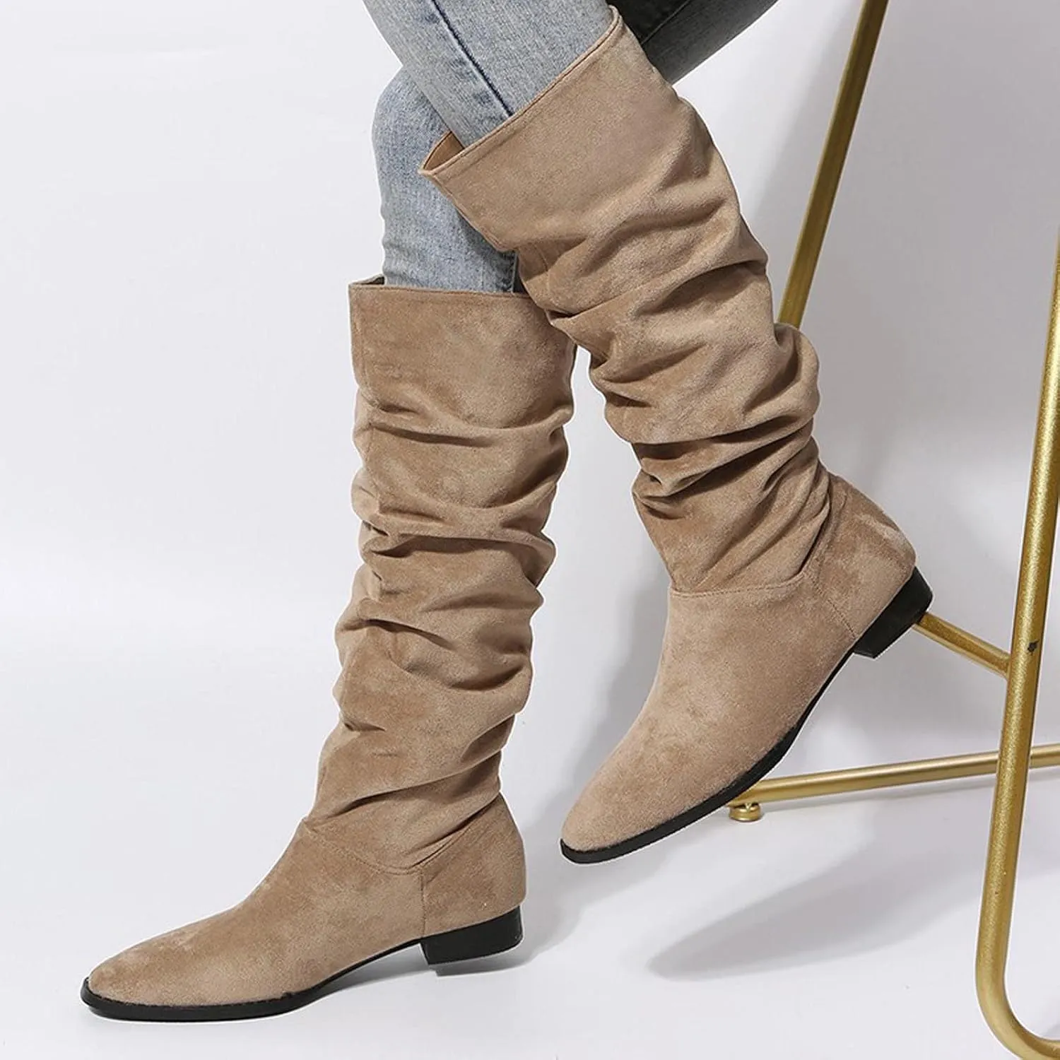 Boots for Women Knee High Low Heel Comfortable Dressy Pointed Toe Warm Pleated Slip on Block Chunky Heel Boots Winter Casual Outdoor Ladies Shoes