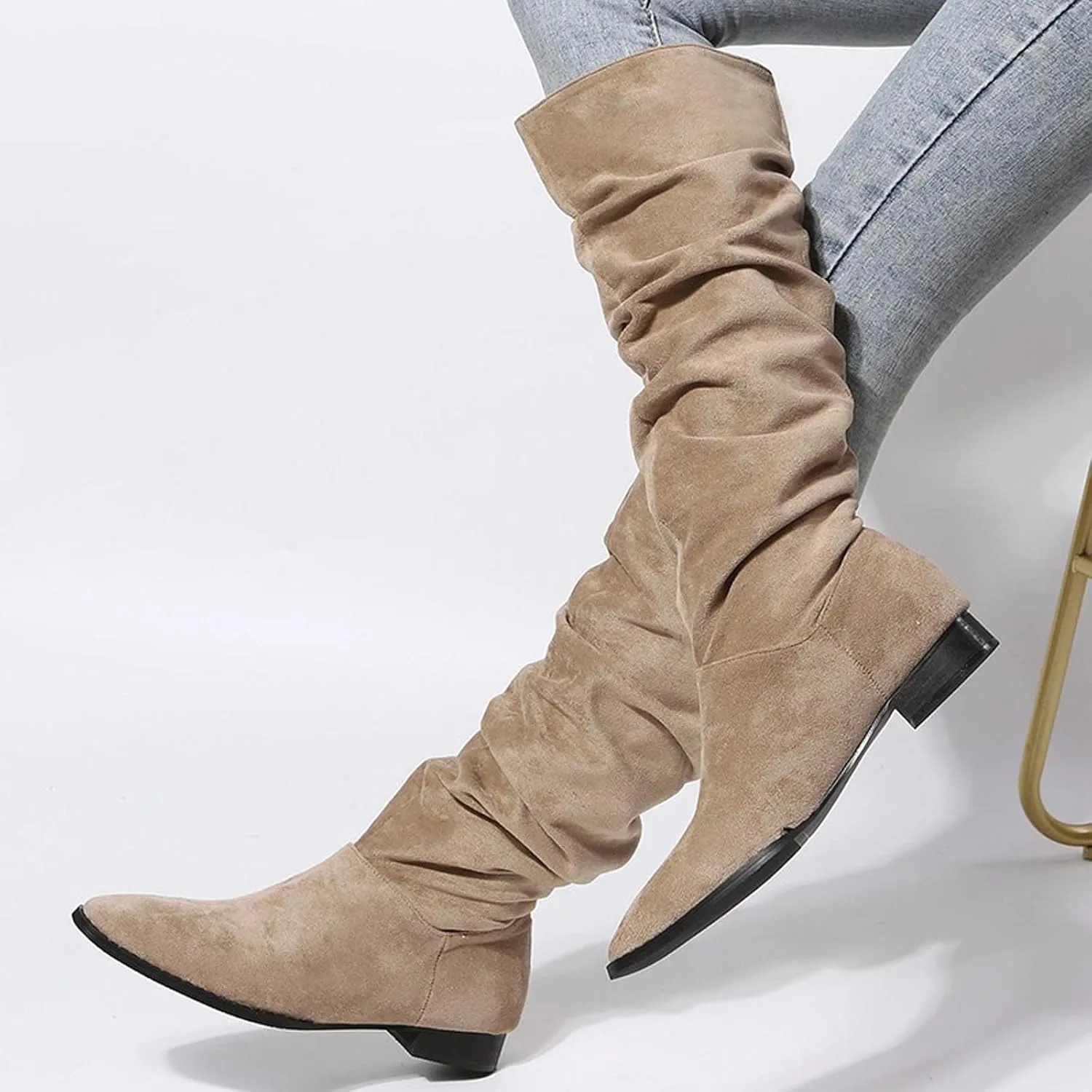 Boots for Women Knee High Low Heel Comfortable Dressy Pointed Toe Warm Pleated Slip on Block Chunky Heel Boots Winter Casual Outdoor Ladies Shoes