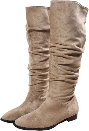Boots for Women Knee High Low Heel Comfortable Dressy Pointed Toe Warm Pleated Slip on Block Chunky Heel Boots Winter Casual Outdoor Ladies Shoes