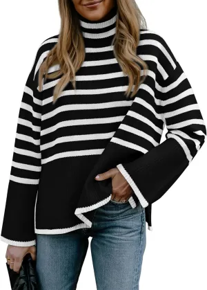 BTFBM Women Casual Turtleneck Striped Sweater 2024 Fall Winter Jumper Tops Long Sleeve Side Slit Oversized Knit Pullover