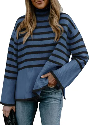 BTFBM Women Casual Turtleneck Striped Sweater 2024 Fall Winter Jumper Tops Long Sleeve Side Slit Oversized Knit Pullover