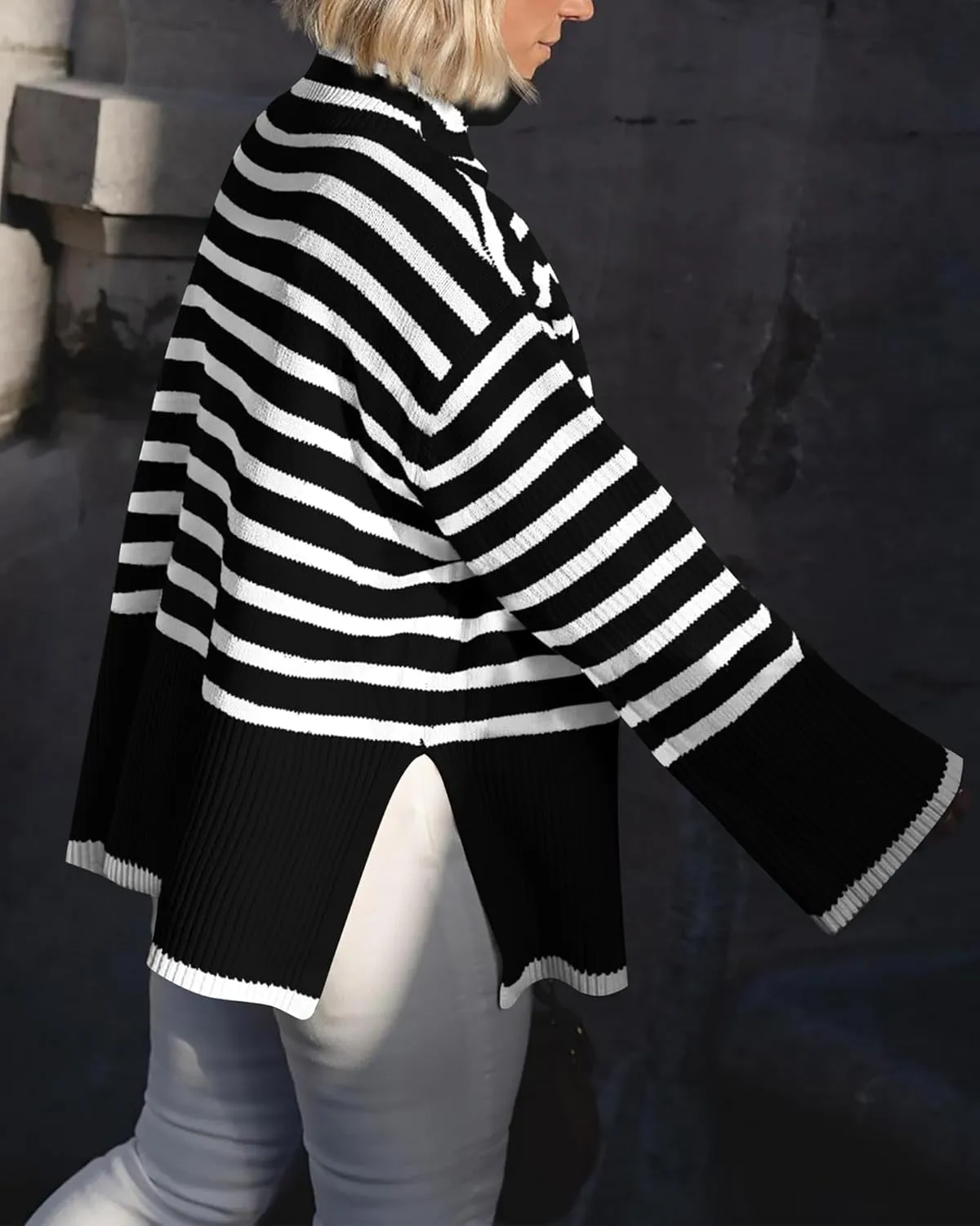 BTFBM Women Casual Turtleneck Striped Sweater 2024 Fall Winter Jumper Tops Long Sleeve Side Slit Oversized Knit Pullover