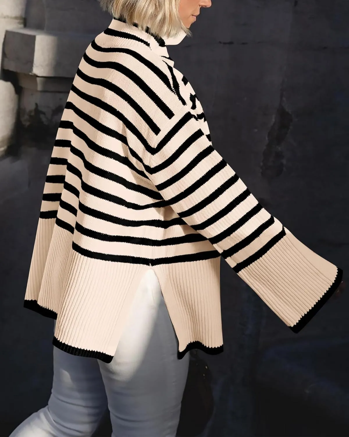 BTFBM Women Casual Turtleneck Striped Sweater 2024 Fall Winter Jumper Tops Long Sleeve Side Slit Oversized Knit Pullover