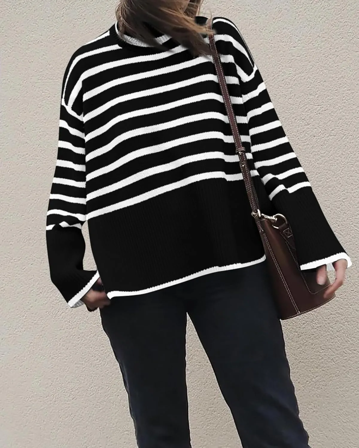 BTFBM Women Casual Turtleneck Striped Sweater 2024 Fall Winter Jumper Tops Long Sleeve Side Slit Oversized Knit Pullover