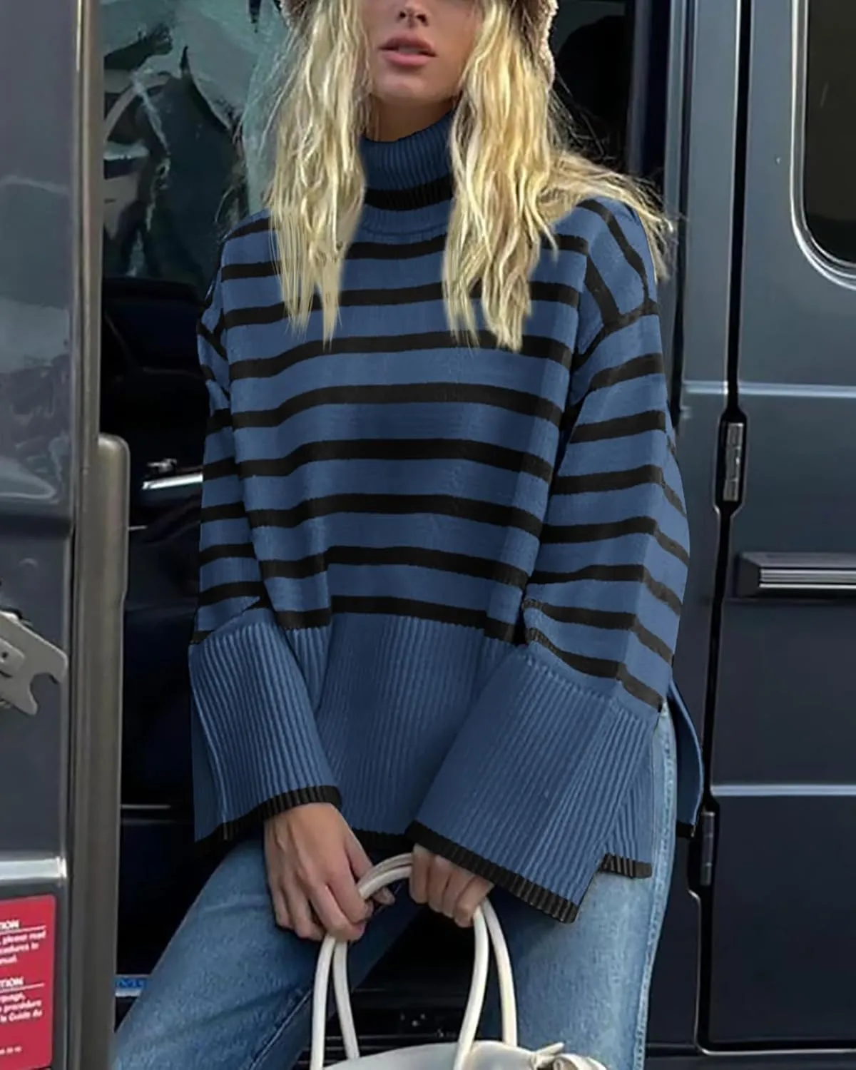BTFBM Women Casual Turtleneck Striped Sweater 2024 Fall Winter Jumper Tops Long Sleeve Side Slit Oversized Knit Pullover