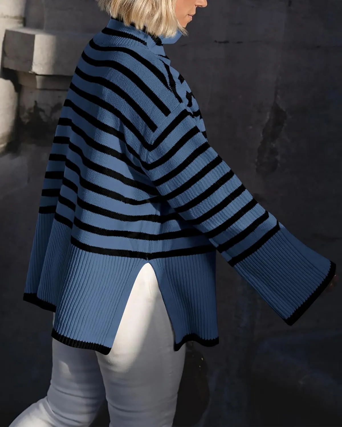 BTFBM Women Casual Turtleneck Striped Sweater 2024 Fall Winter Jumper Tops Long Sleeve Side Slit Oversized Knit Pullover