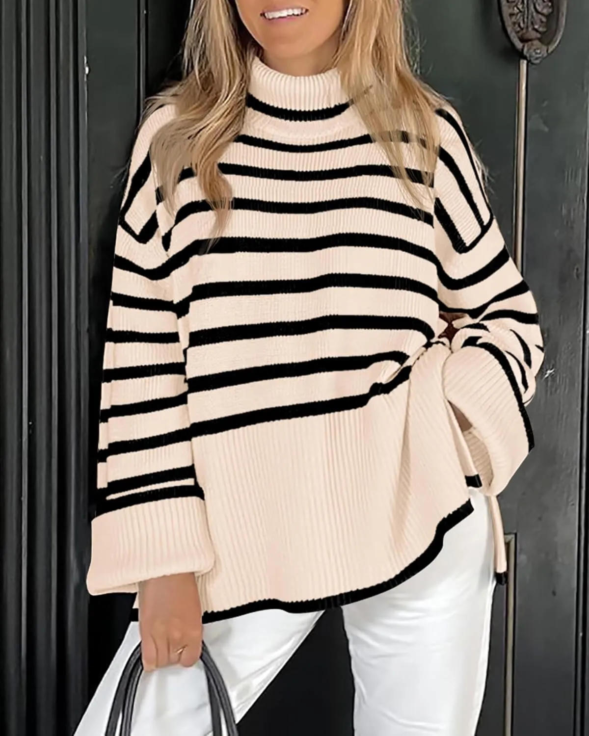 BTFBM Women Casual Turtleneck Striped Sweater 2024 Fall Winter Jumper Tops Long Sleeve Side Slit Oversized Knit Pullover