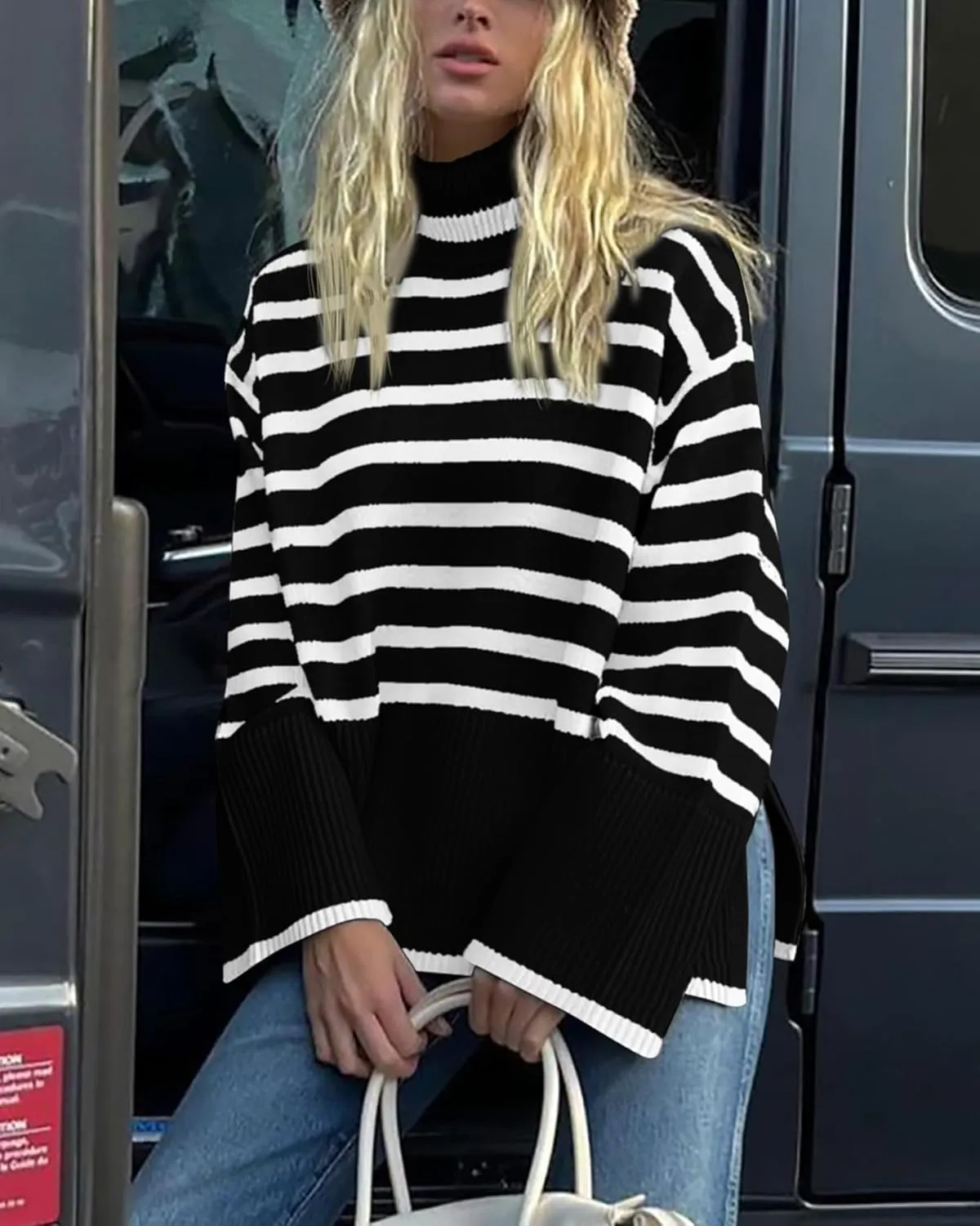 BTFBM Women Casual Turtleneck Striped Sweater 2024 Fall Winter Jumper Tops Long Sleeve Side Slit Oversized Knit Pullover