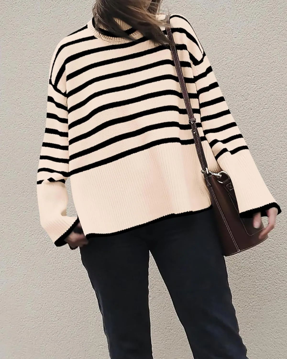BTFBM Women Casual Turtleneck Striped Sweater 2024 Fall Winter Jumper Tops Long Sleeve Side Slit Oversized Knit Pullover