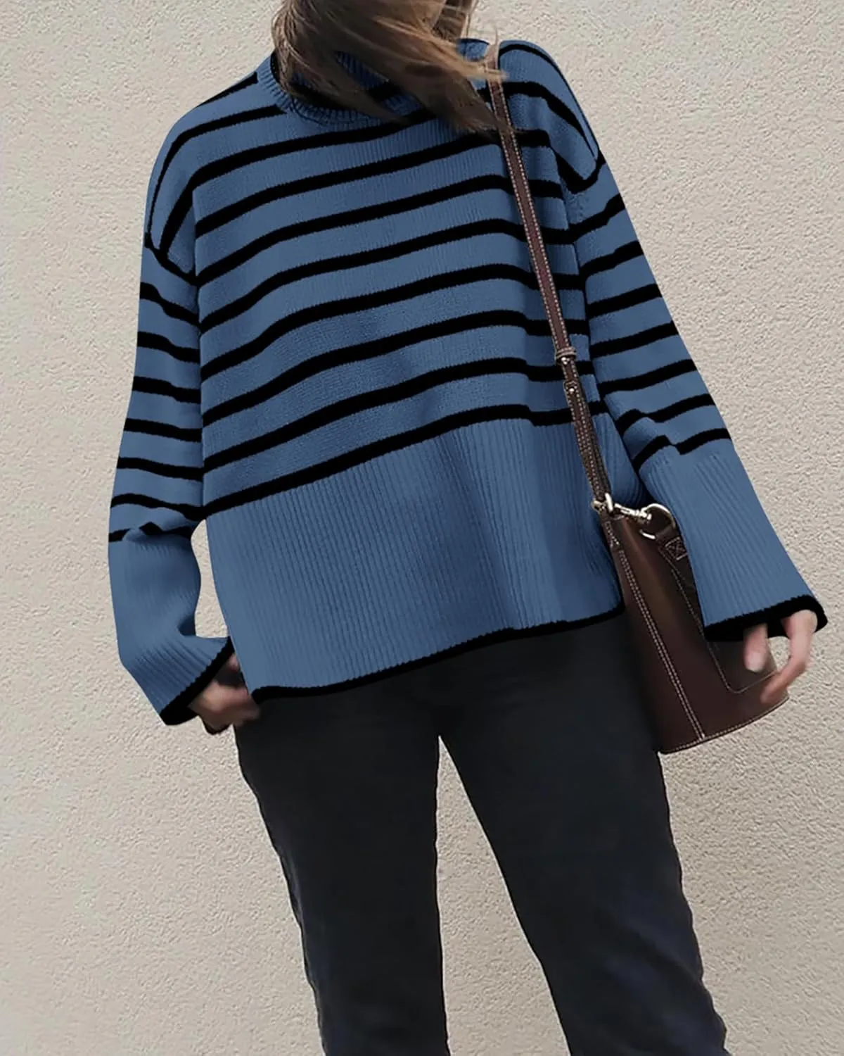 BTFBM Women Casual Turtleneck Striped Sweater 2024 Fall Winter Jumper Tops Long Sleeve Side Slit Oversized Knit Pullover