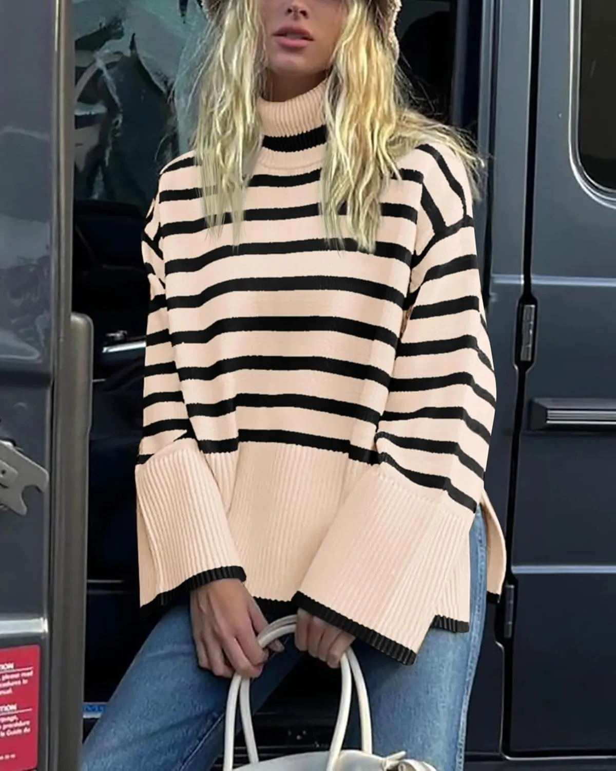 BTFBM Women Casual Turtleneck Striped Sweater 2024 Fall Winter Jumper Tops Long Sleeve Side Slit Oversized Knit Pullover