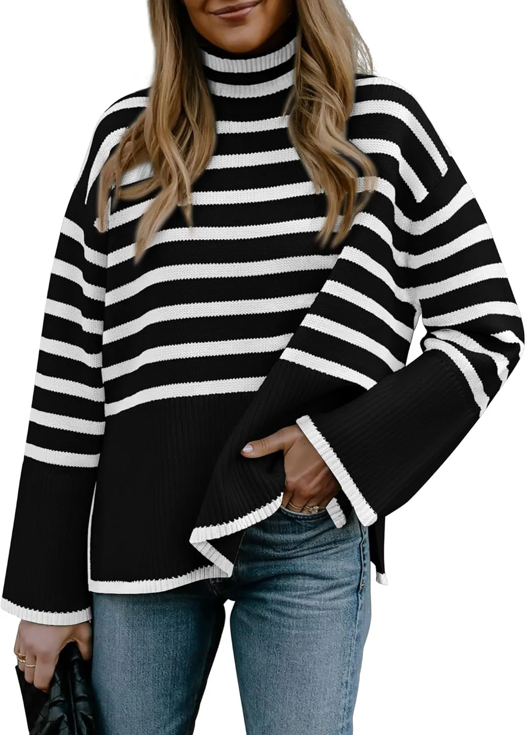 BTFBM Women Casual Turtleneck Striped Sweater 2024 Fall Winter Jumper Tops Long Sleeve Side Slit Oversized Knit Pullover