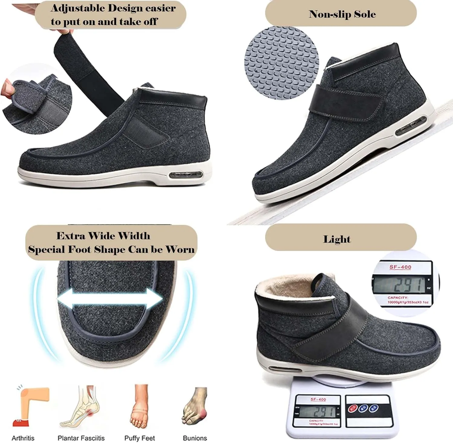 bumuam Diabetic Shoes for Elderly Men,Comfy Warm Plush House Shoes, High-top Wide Width Adjustable Closures Boots for Elderly Arthritis Edema Men 6.5/Women 7