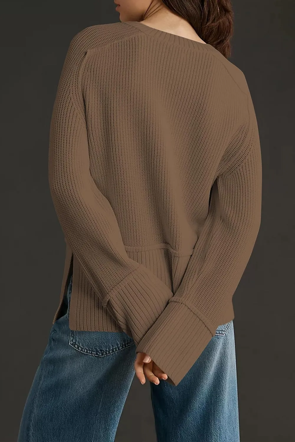 Cakulo Womens Fall 2025 Knit Crew Neck Pullover Sweaters Oversized Long Sleeve Split Casual Winter Ribbed Sweater