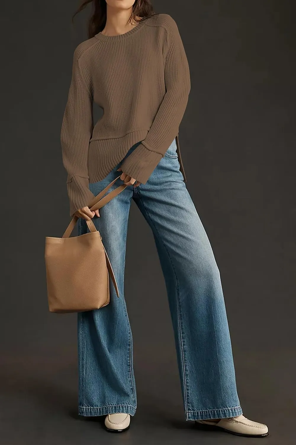 Cakulo Womens Fall 2025 Knit Crew Neck Pullover Sweaters Oversized Long Sleeve Split Casual Winter Ribbed Sweater