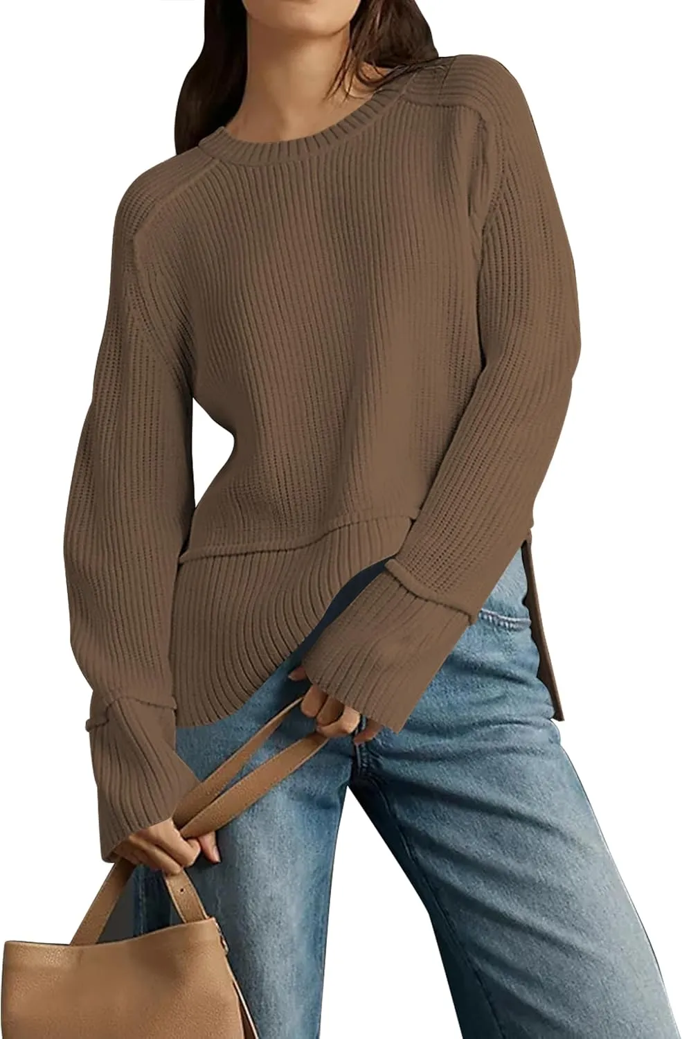 Cakulo Womens Fall 2025 Knit Crew Neck Pullover Sweaters Oversized Long Sleeve Split Casual Winter Ribbed Sweater