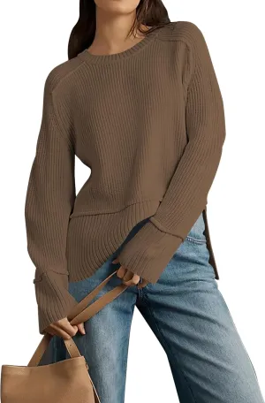 Cakulo Womens Fall 2025 Knit Crew Neck Pullover Sweaters Oversized Long Sleeve Split Casual Winter Ribbed Sweater
