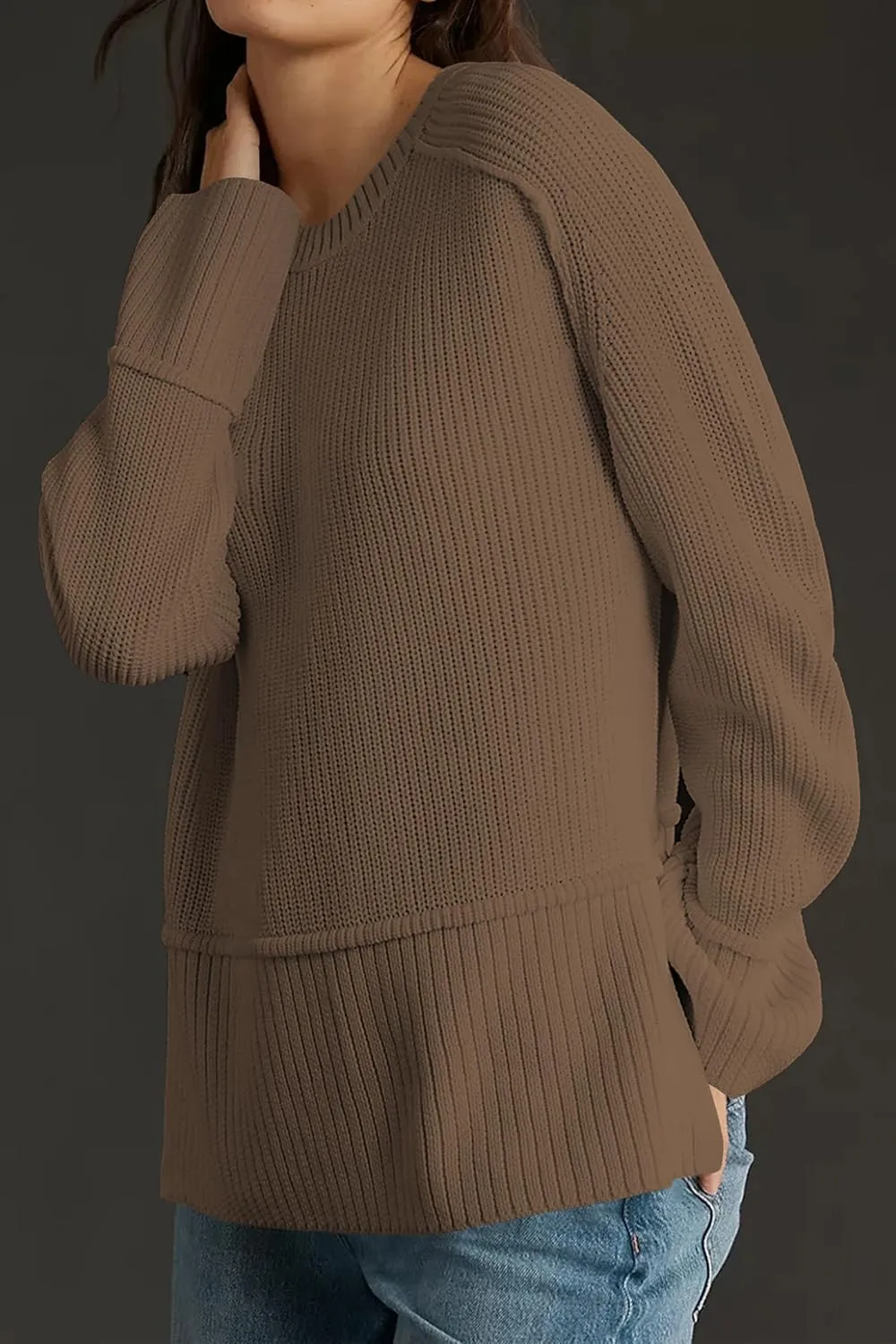 Cakulo Womens Fall 2025 Knit Crew Neck Pullover Sweaters Oversized Long Sleeve Split Casual Winter Ribbed Sweater