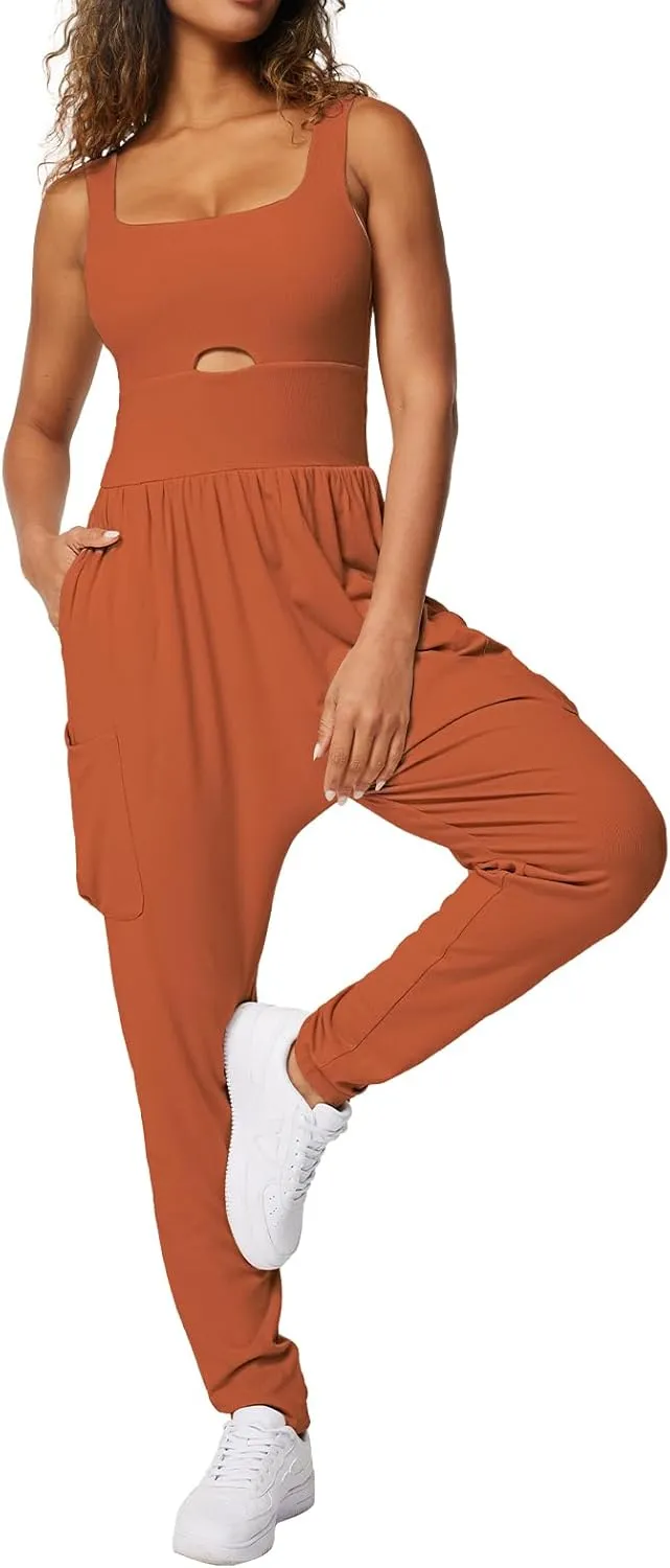 Casei Jumpsuits for Women Casual Summer Rompers Sleeveless Loose Strap Baggy Overalls Yoga Harem Jumpers with Pockets