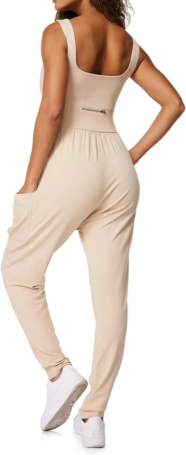 Casei Jumpsuits for Women Casual Summer Rompers Sleeveless Loose Strap Baggy Overalls Yoga Harem Jumpers with Pockets