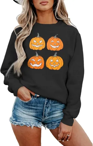 CM C&M WODRO Halloween Women Pumpkin Sweatshirt Funny Pumpkin Face Graphic Pullover Crewneck Long Sleeve Fall Shirts Top