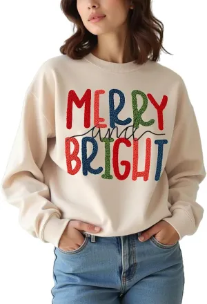 CM C&M WODRO Women Christmas Sweatshirt Merry and Bright Chenille Patch Graphic Pullover Crewneck Long Sleeve Shirt Tops