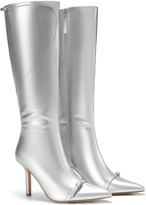 Coutgo Womens Stiletto Knee High Boots Sexy Pointed Toe High Heel Tall Boots Buckle Side Zipper Winter Shoes