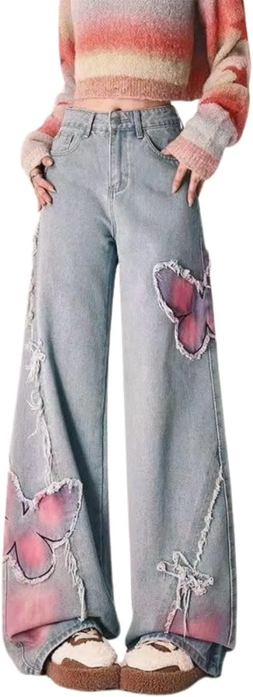 Cute Baggy Jeans Y2k for Women Girls Star Heart Butterfly Pants Aesthetic Streetwear Gothic Clothing