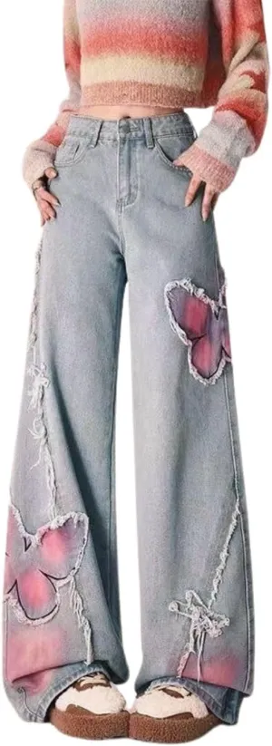 Cute Baggy Jeans Y2k for Women Girls Star Heart Butterfly Pants Aesthetic Streetwear Gothic Clothing