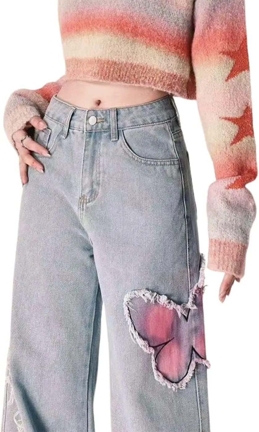 Cute Baggy Jeans Y2k for Women Girls Star Heart Butterfly Pants Aesthetic Streetwear Gothic Clothing