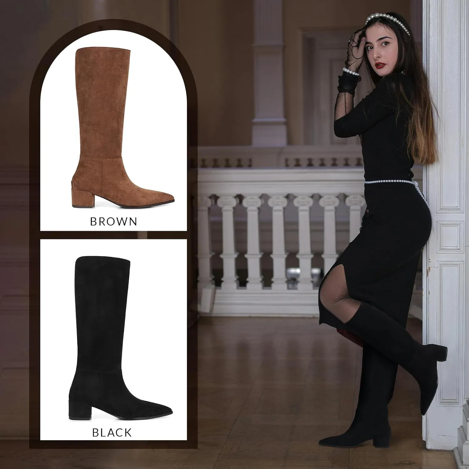 CYNLLIO Knee High Boots Women Pull on Suede Boots Pointed Toe Wide Calf Tall Boots Winter Warm Long Boots Comfy Walking Office Shoes