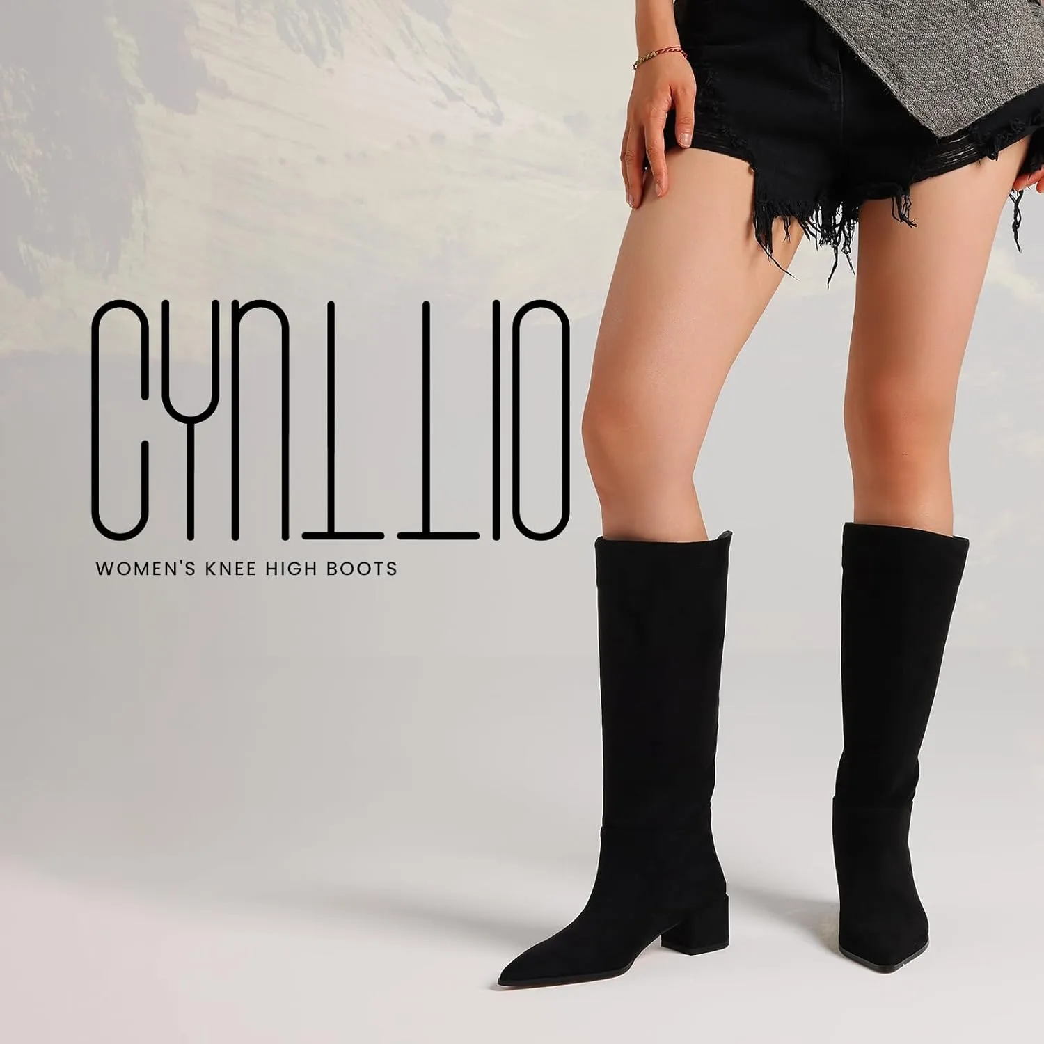 CYNLLIO Knee High Boots Women Pull on Suede Boots Pointed Toe Wide Calf Tall Boots Winter Warm Long Boots Comfy Walking Office Shoes