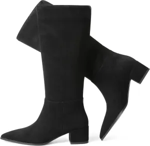 CYNLLIO Knee High Boots Women Pull on Suede Boots Pointed Toe Wide Calf Tall Boots Winter Warm Long Boots Comfy Walking Office Shoes