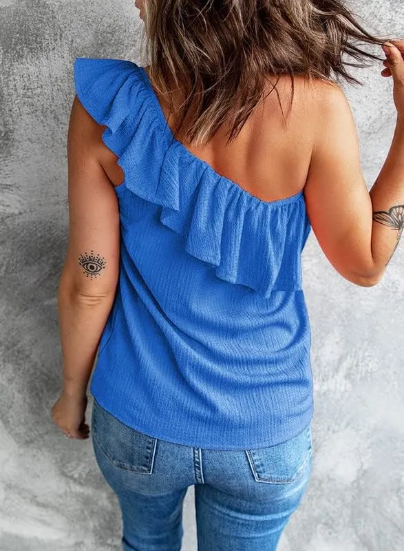 Dokotoo Womens One Shoulder Tops Ruffled Solid Tunic Shirts Sleeveless Loose Tank Top
