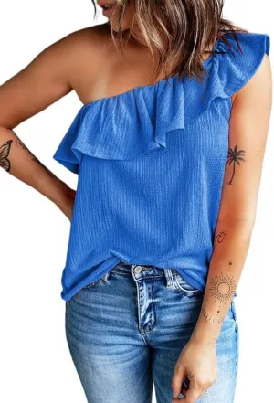 Dokotoo Womens One Shoulder Tops Ruffled Solid Tunic Shirts Sleeveless Loose Tank Top