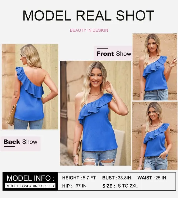 Dokotoo Womens One Shoulder Tops Ruffled Solid Tunic Shirts Sleeveless Loose Tank Top