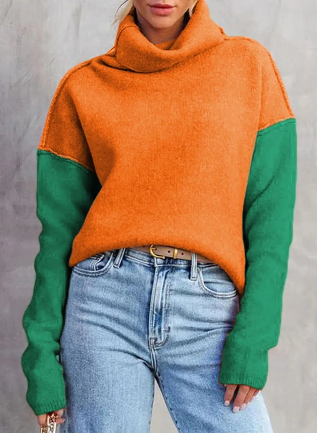 Dokotoo Womens Turtleneck Sweaters Casual Long Sleeve Color Block Side Slit Pullover Knit Jumper Tops