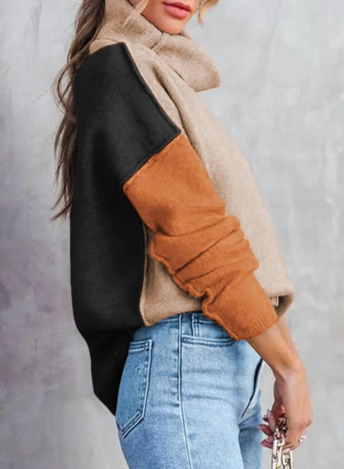 Dokotoo Womens Turtleneck Sweaters Casual Long Sleeve Color Block Side Slit Pullover Knit Jumper Tops