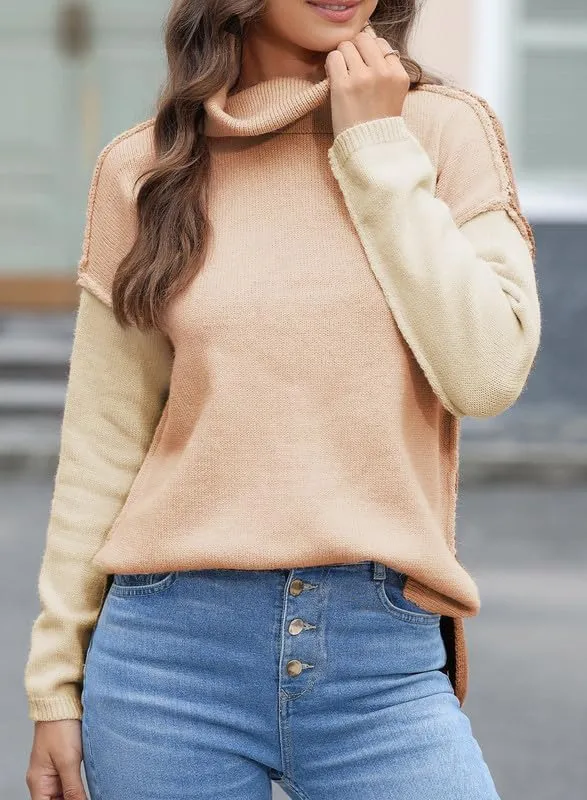 Dokotoo Womens Turtleneck Sweaters Casual Long Sleeve Color Block Side Slit Pullover Knit Jumper Tops