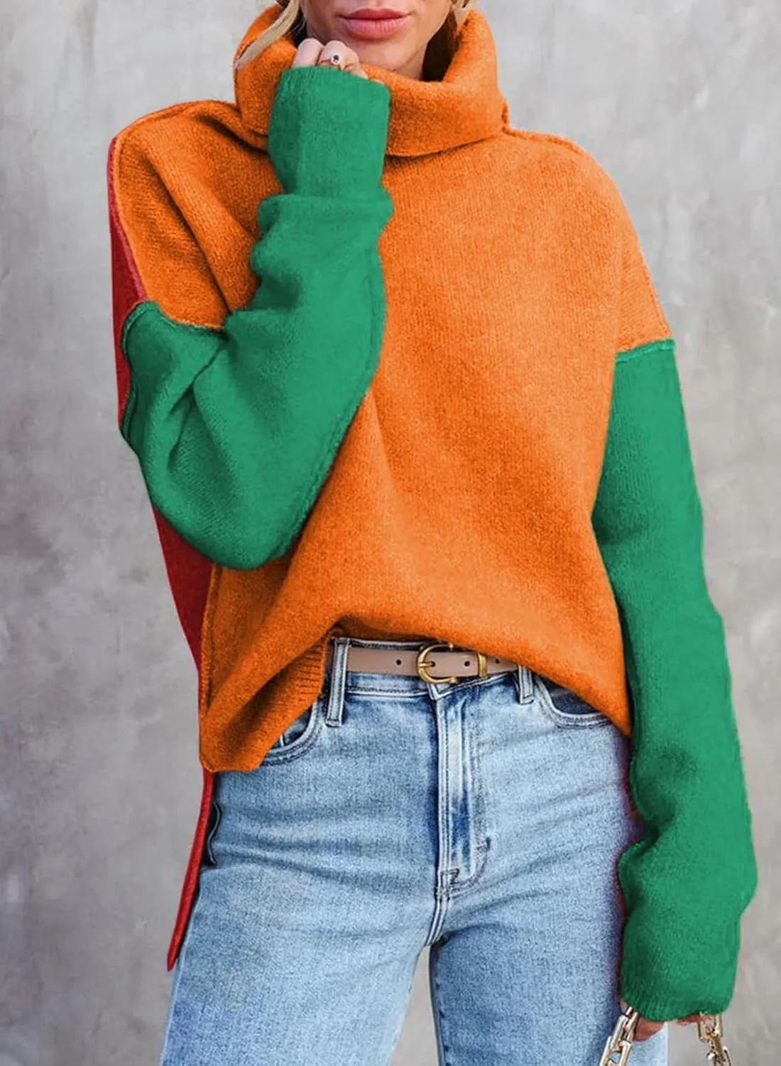 Dokotoo Womens Turtleneck Sweaters Casual Long Sleeve Color Block Side Slit Pullover Knit Jumper Tops
