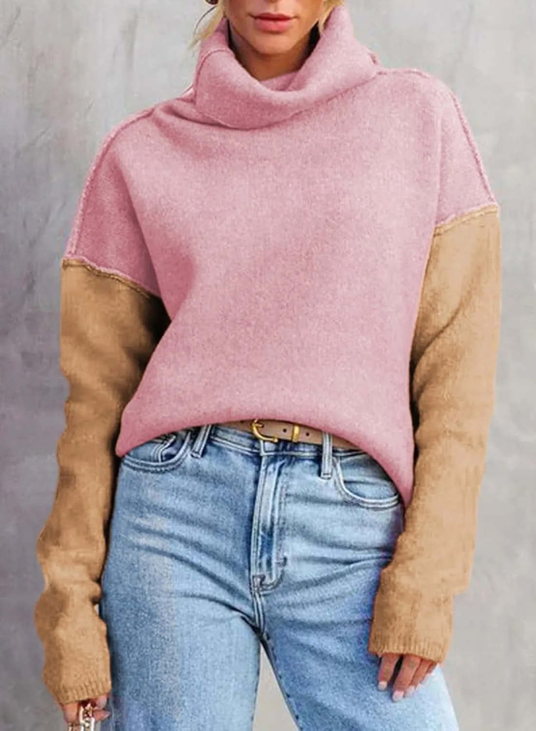 Dokotoo Womens Turtleneck Sweaters Casual Long Sleeve Color Block Side Slit Pullover Knit Jumper Tops